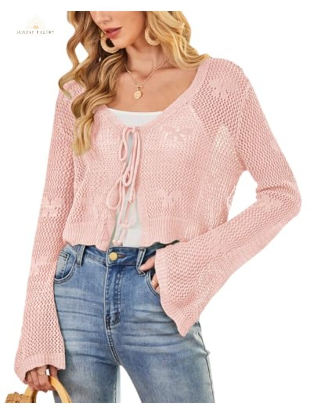 Women's Crochet Cardigan Tie Front Bell Sleeve Open Knit Sweater